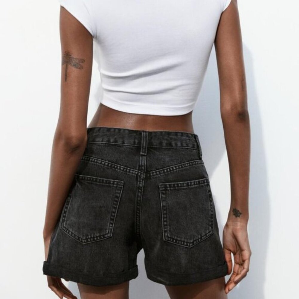 Zara Women's TRF HIGH-WAISTED MOM FIT DENIM SHORTS Black - Picture 7 of 9